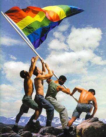 Homosexuals mock the raising of the flag over Iwo Jima by heroic Marines during WWII.